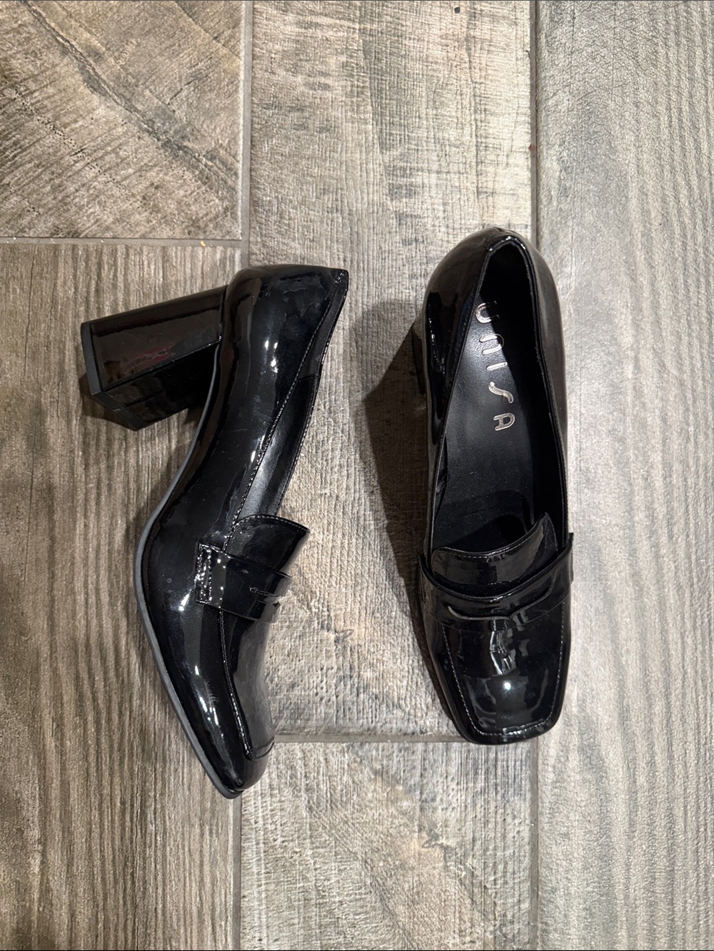 NWT Unisa Black Patent Block 3” Heel Loafers